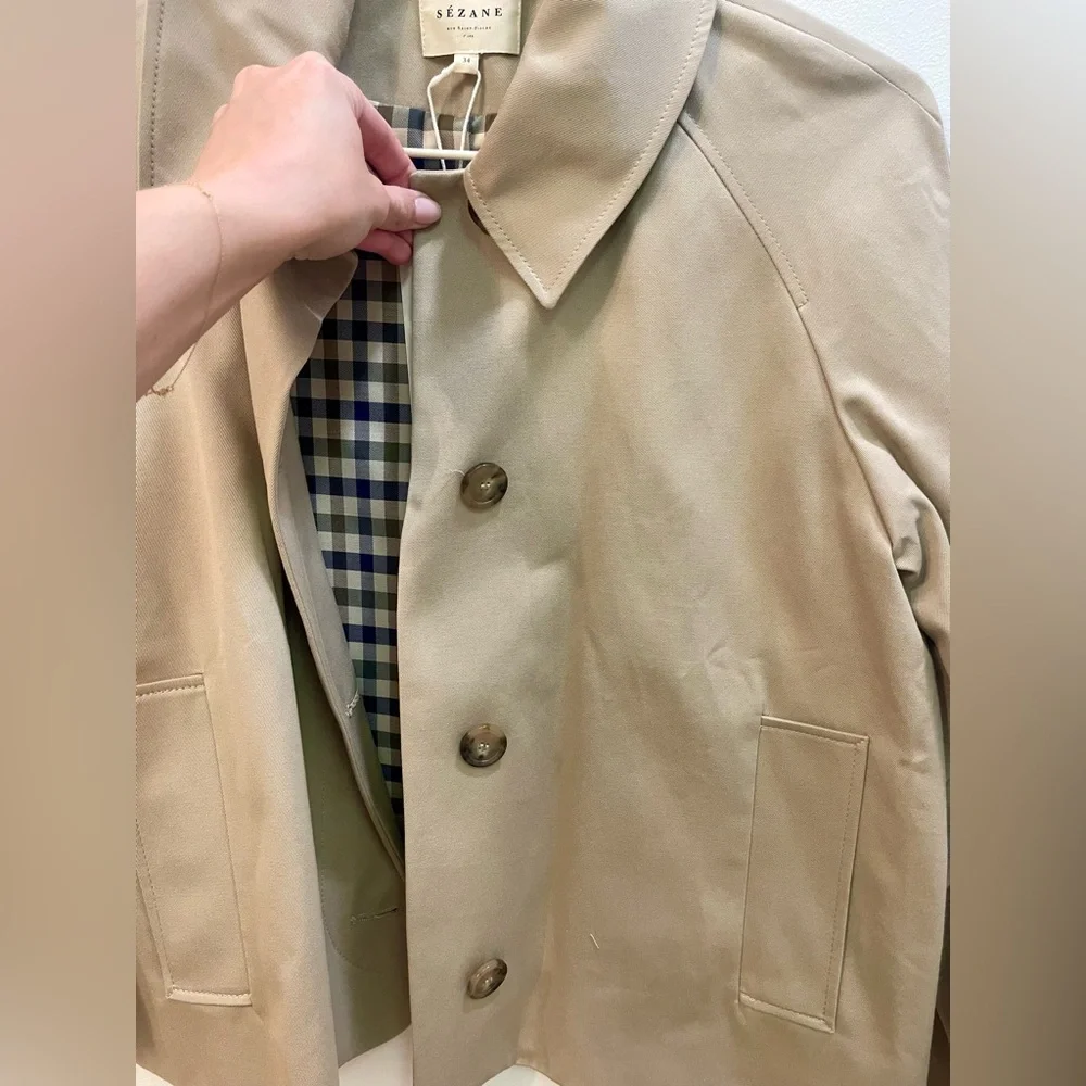 Sezane Bobby Jacket, Light Beige & Gingham, Oversized Cropped Trench, NWT Size 2 - Picture 10 of 16